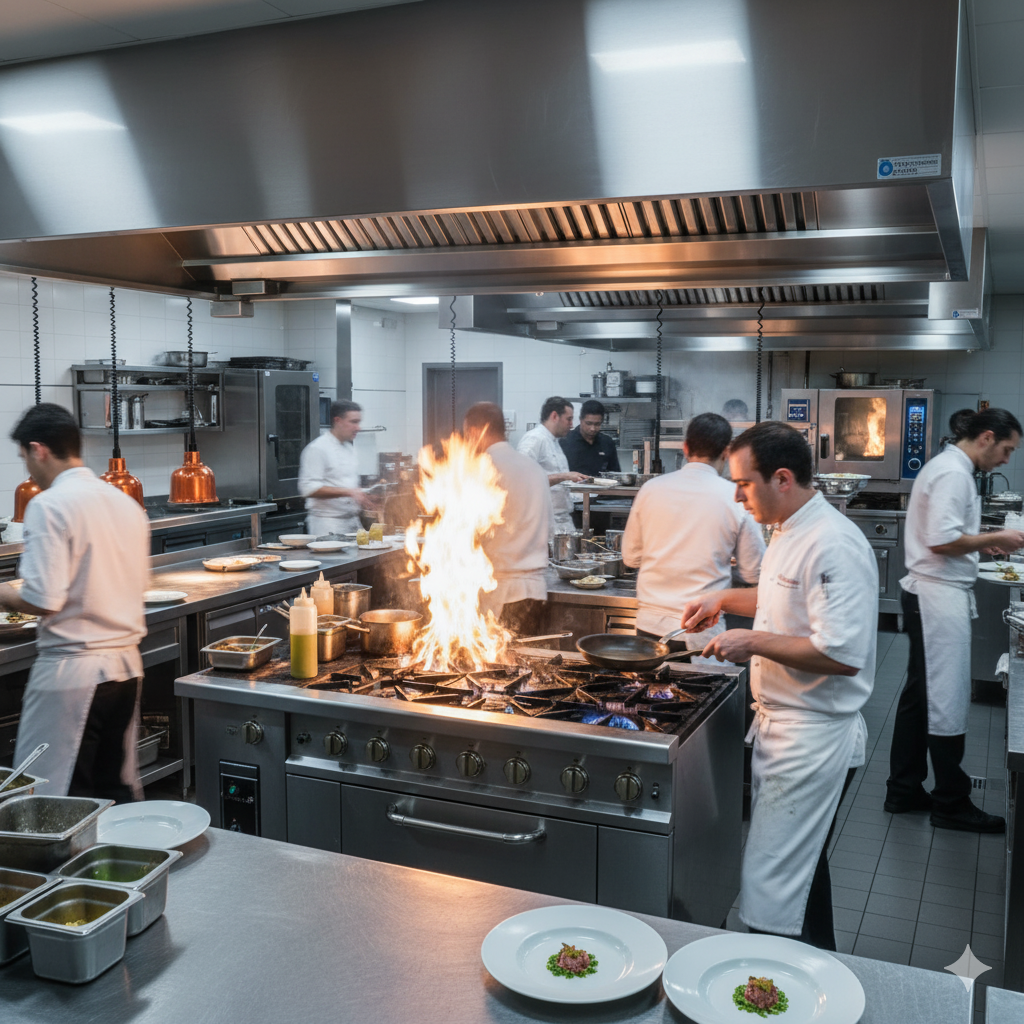 Chefs in a professional kitchen with flames on the stove