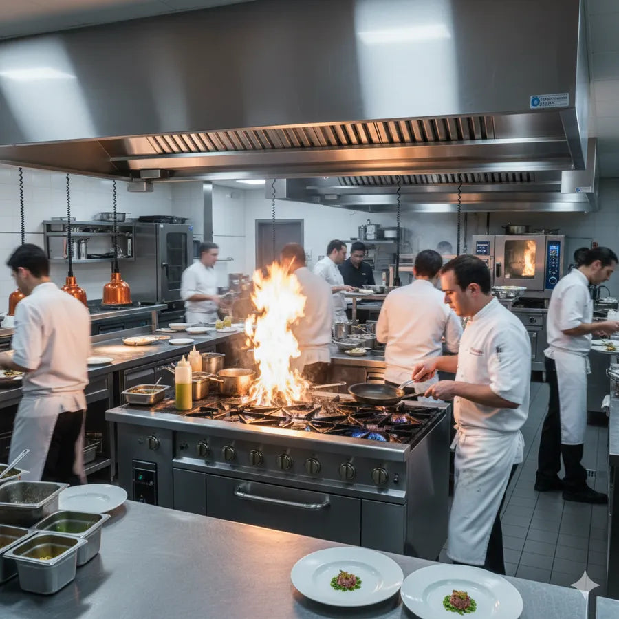 Busy commercial restaurant kitchen in Orlando during service