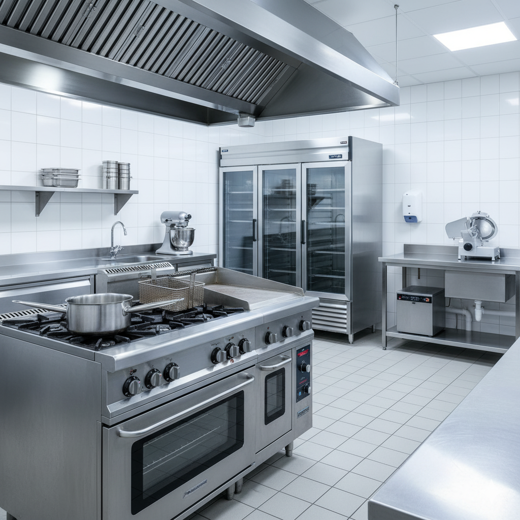 Commercial kitchen with stainless steel appliances and white tiled walls.