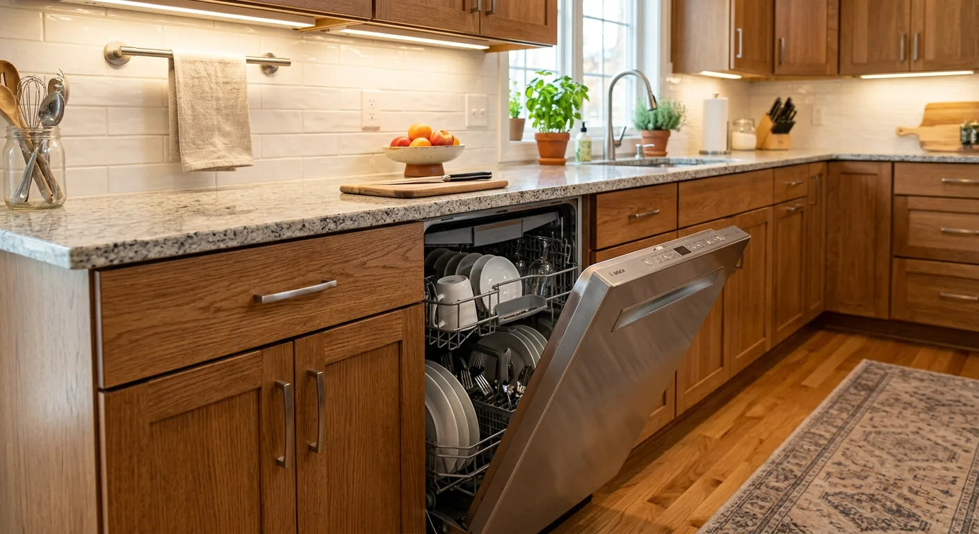 Open dishwasher in a kitchen with wooden cabinets and a rug on the floor.