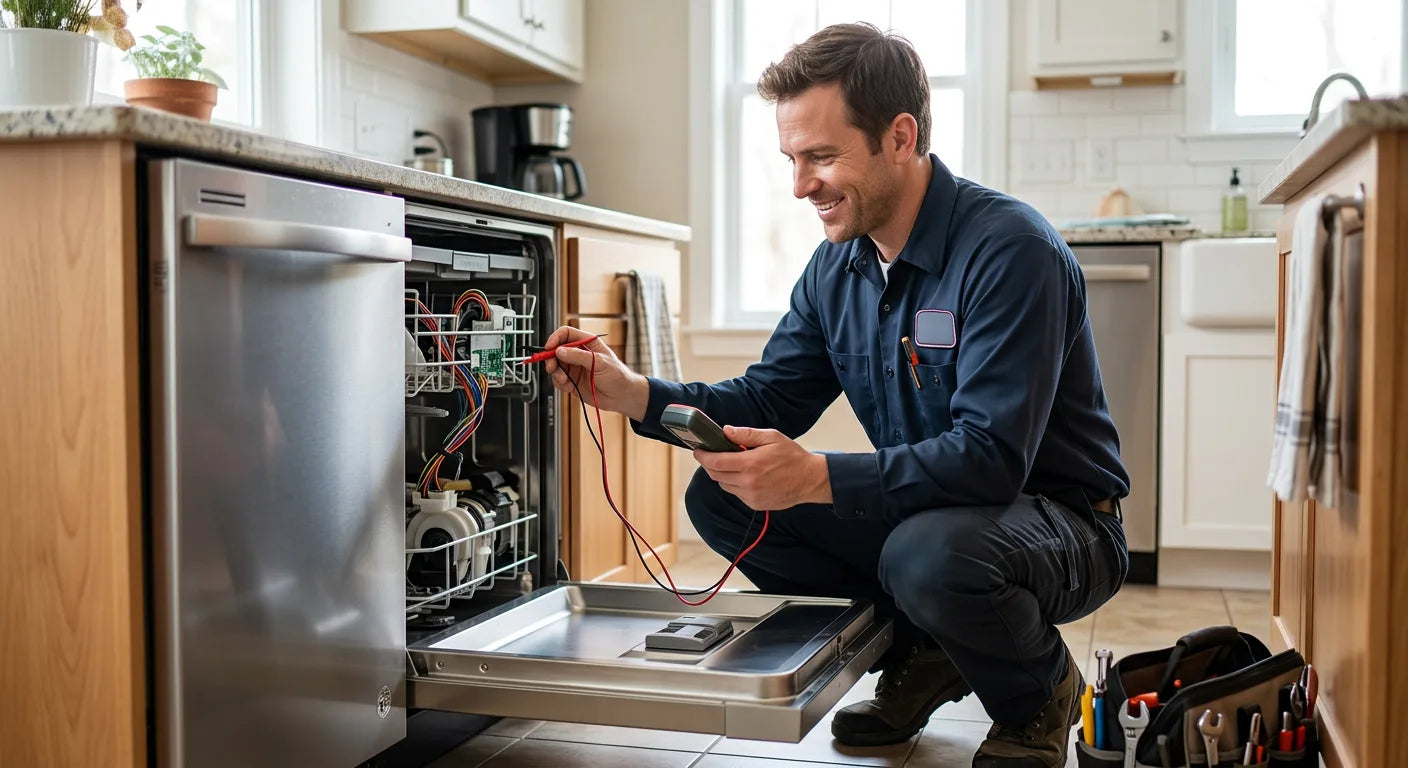 Mechanic working on a dishwasher in a kitchen