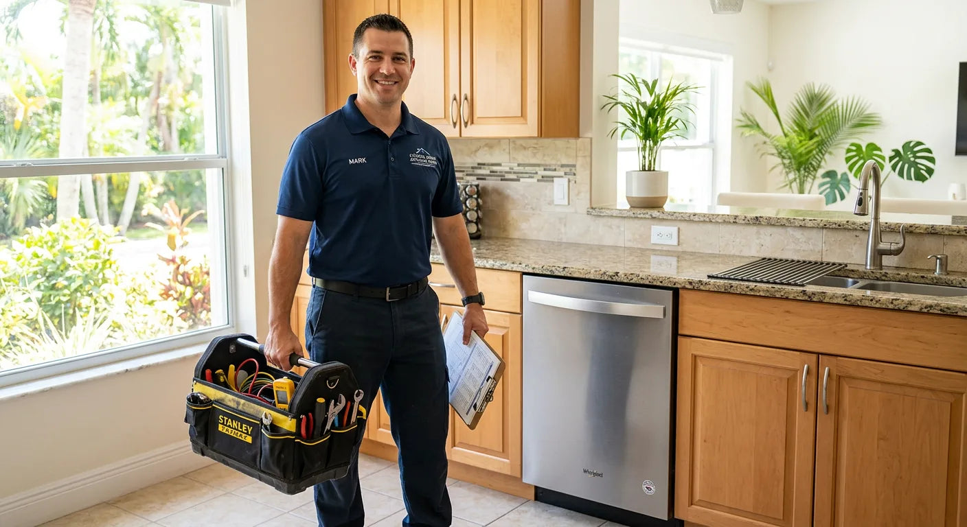 Man in a kitchen holding a toolbox and tablet, with a dishwasher and cabinets in the background.