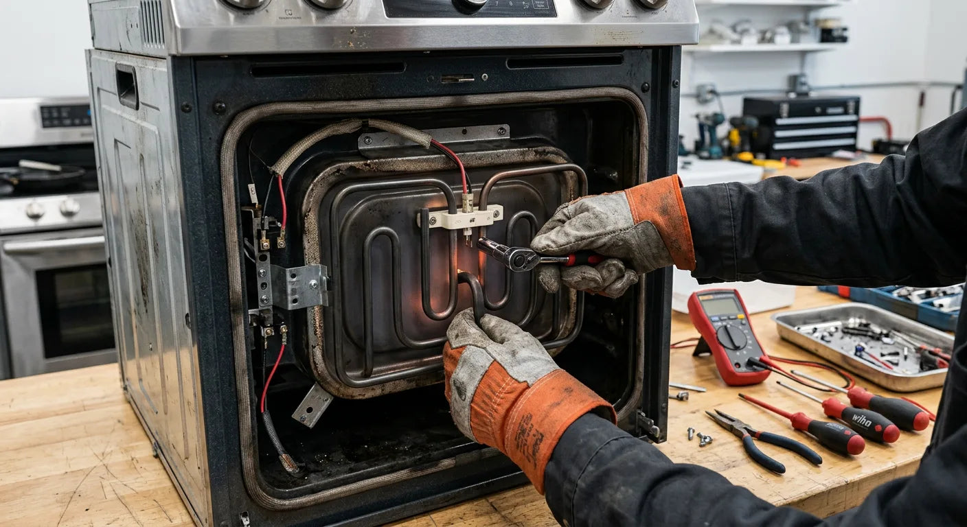 Person repairing an oven with tools on a workbench