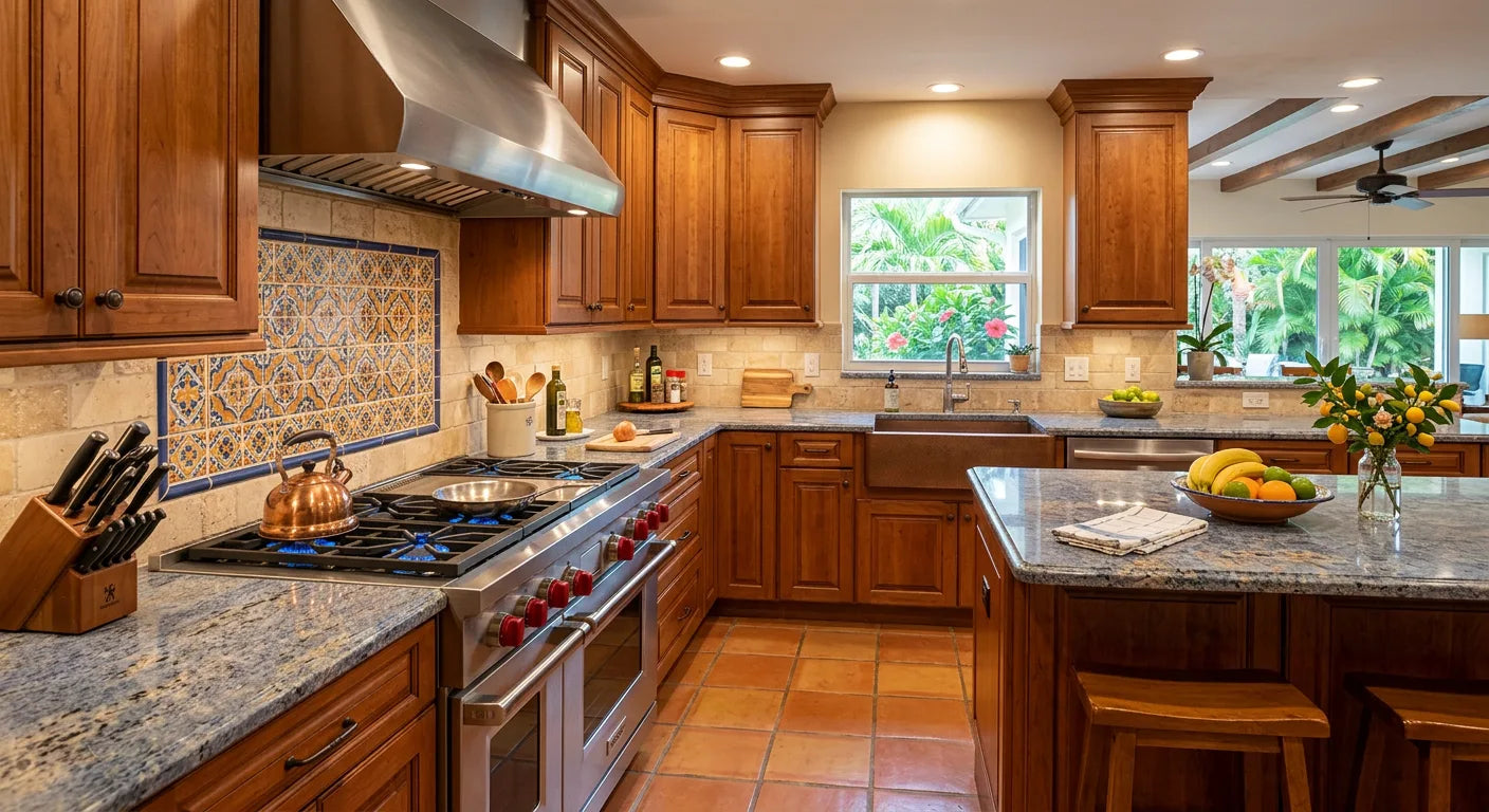Modern kitchen with wooden cabinets, granite countertops, and stainless steel appliances.