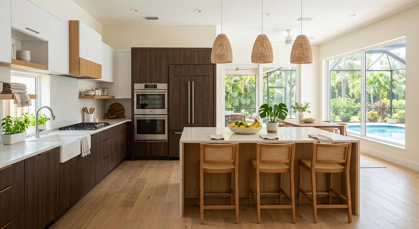 Modern kitchen with wooden island and chairs, large windows, and outdoor view.
