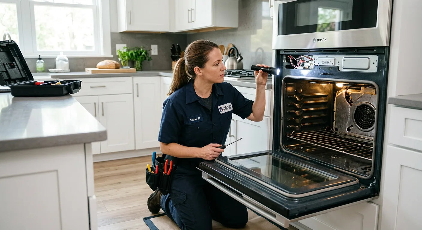 Technician working on an oven in a kitchen