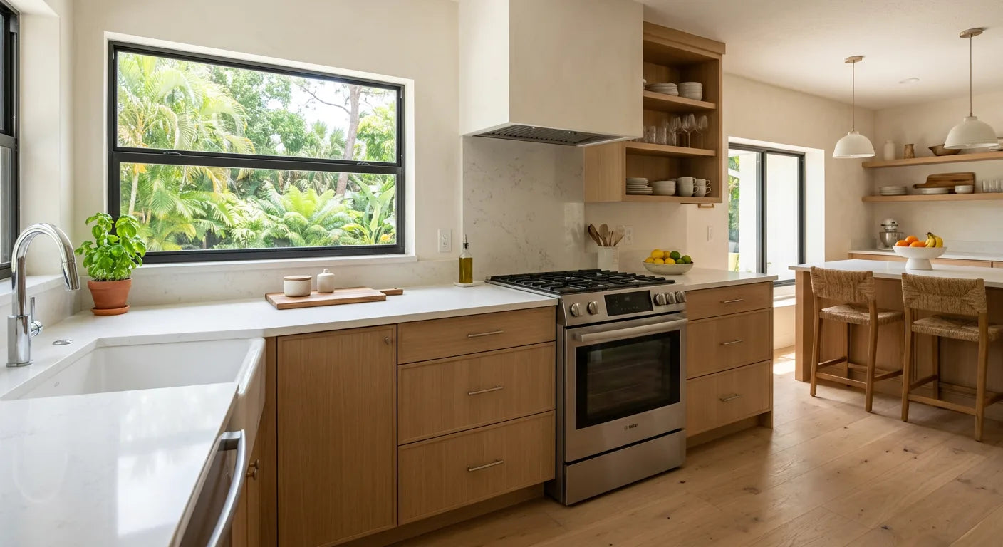 Modern kitchen with wooden cabinets, stainless steel appliances, and a large window.