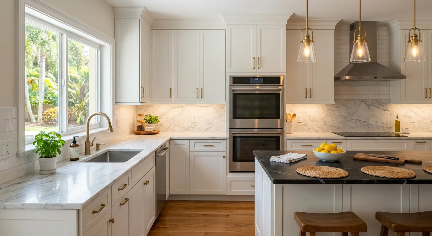 Modern kitchen with white cabinets, marble countertops, and stainless steel appliances.
