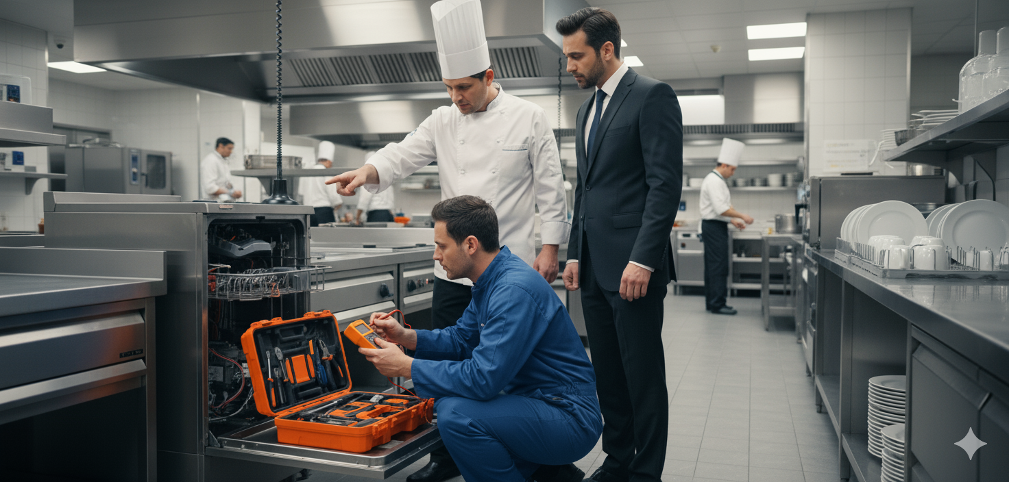 Person in a blue uniform working on a tool box in a hotel with another person and a man in a suit observing.