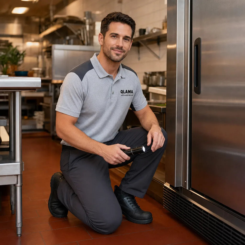 QLAMA technician repairing a commercial refrigerator in an Orlando restaurant kitchen