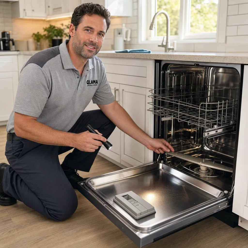 QLAMA technician inspecting the drain pump under a built-in dishwasher in an Orlando home