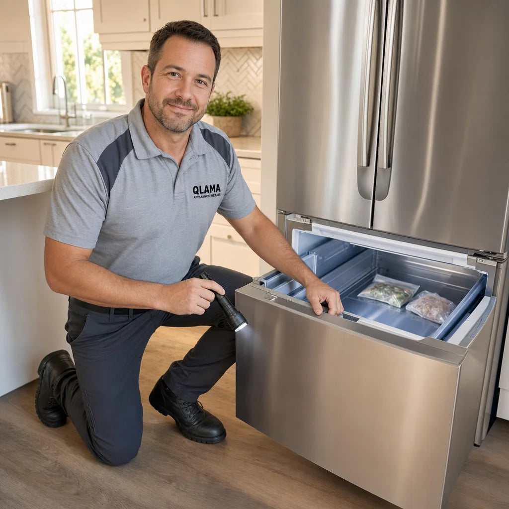 QLAMA technician checking refrigerator coils in an Orlando kitchen