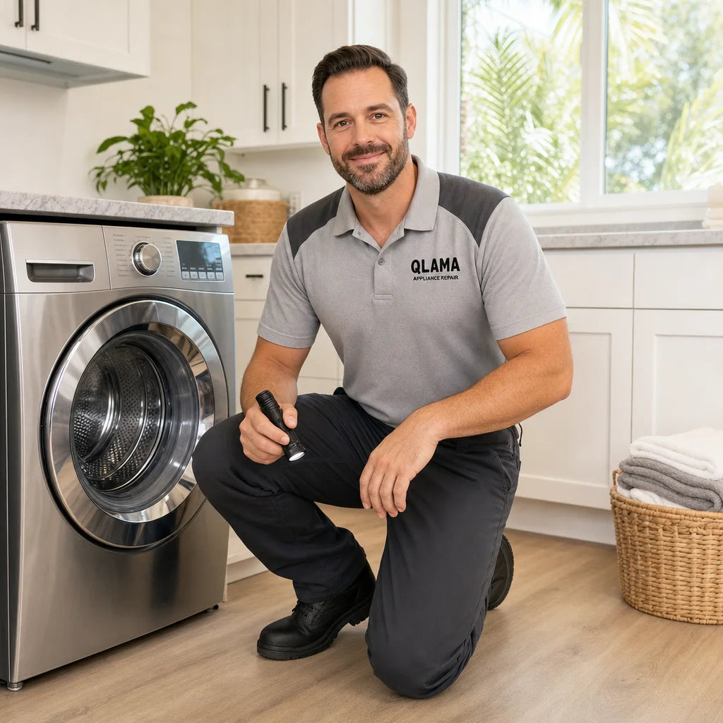 QLAMA technician diagnosing a front-load washer in an Orlando home